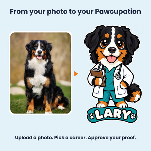 Before and after: a Bernese mountain dog photo turned into a cartoon doctor named Lary