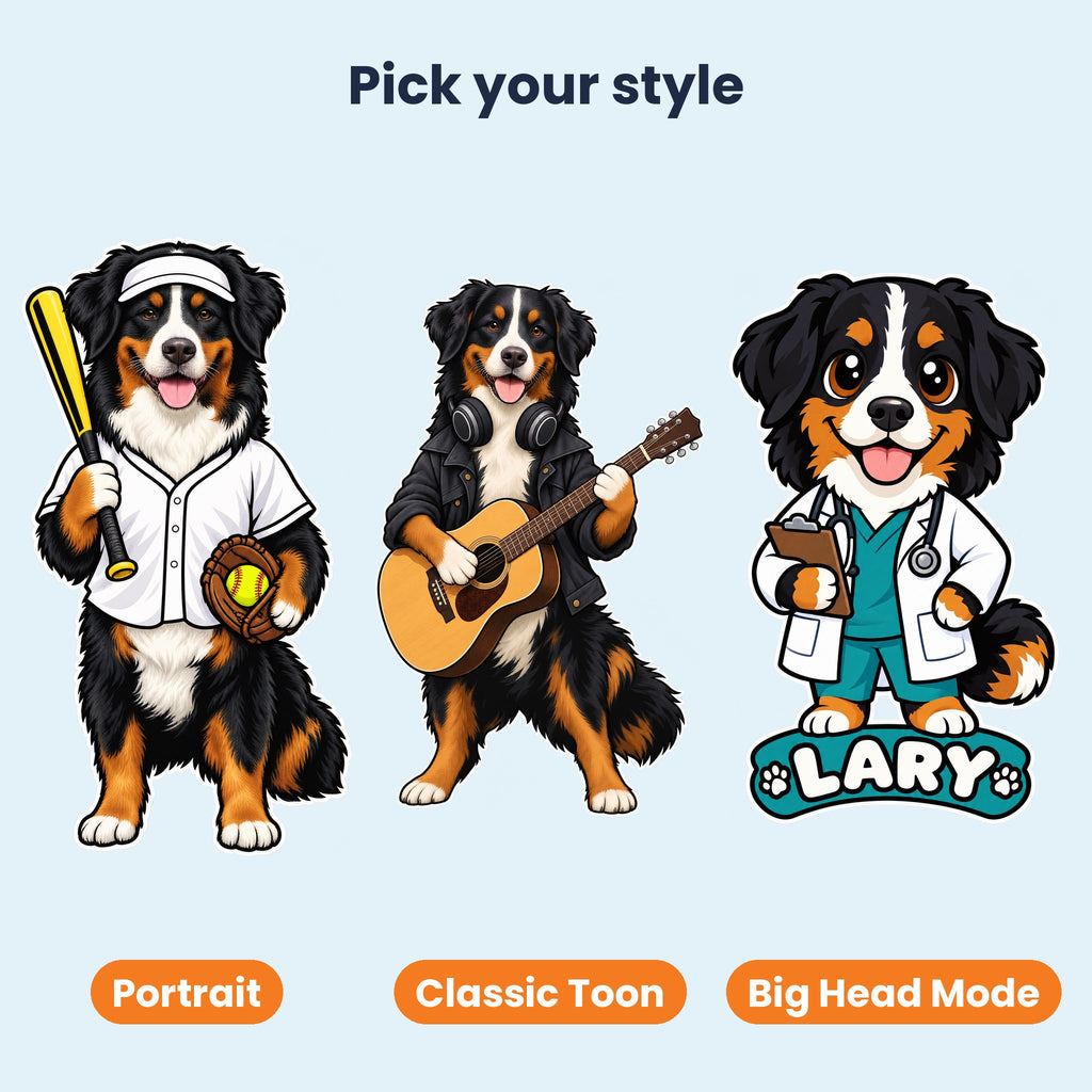 The same dog in three art styles: Portrait, Classic Toon, and Big Head Mode