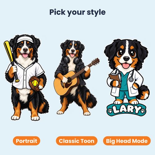 The same dog in three art styles: Portrait, Classic Toon, and Big Head Mode