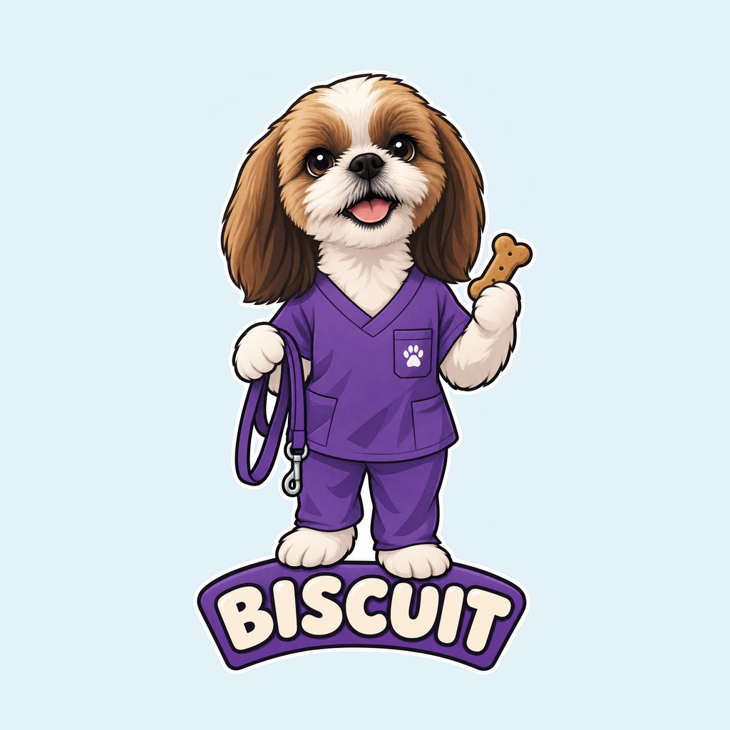 Shih Tzu vet tech cartoon with the name Biscuit