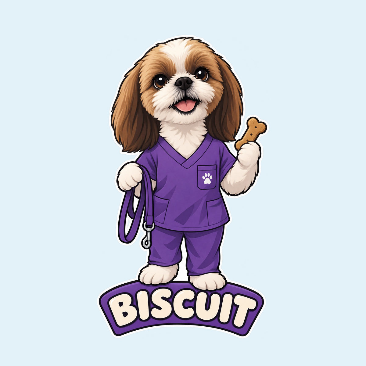 Shih Tzu vet tech cartoon with the name Biscuit