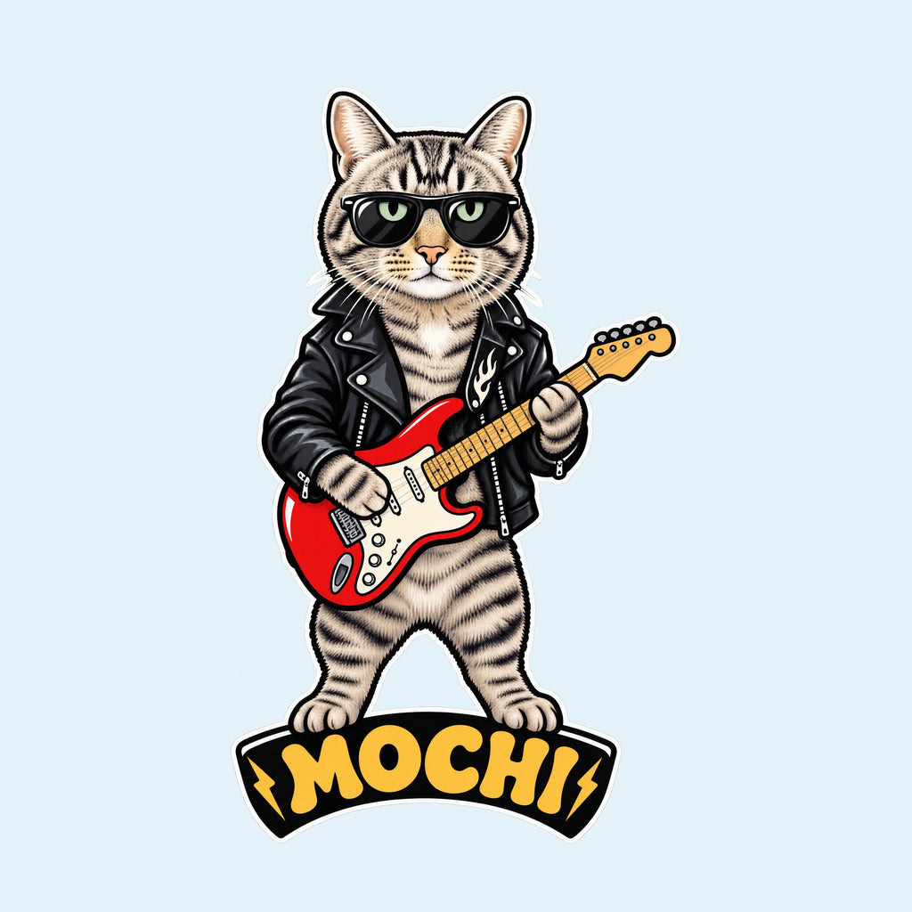Tabby cat rock star cartoon with the name Mochi