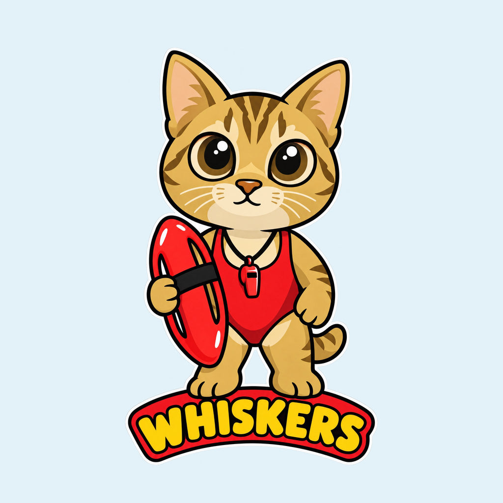 Cat lifeguard cartoon with the name Whiskers