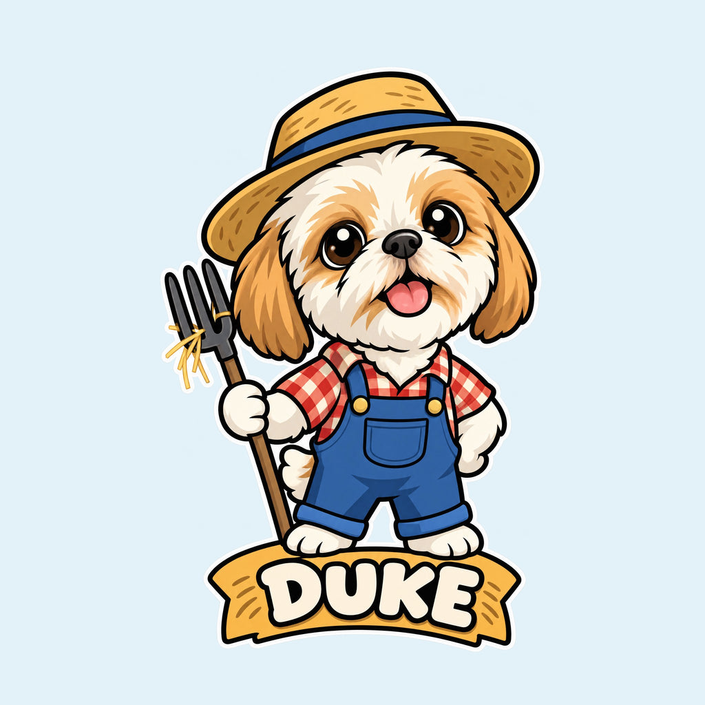 Shih Tzu farmer cartoon with the name Duke