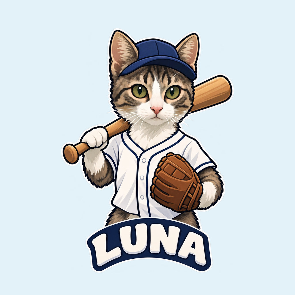 Cat baseball player cartoon with the name Luna