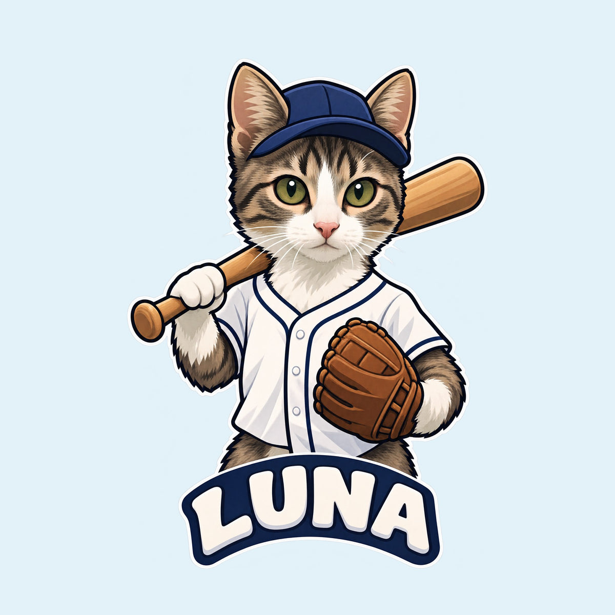 Cat baseball player cartoon with the name Luna