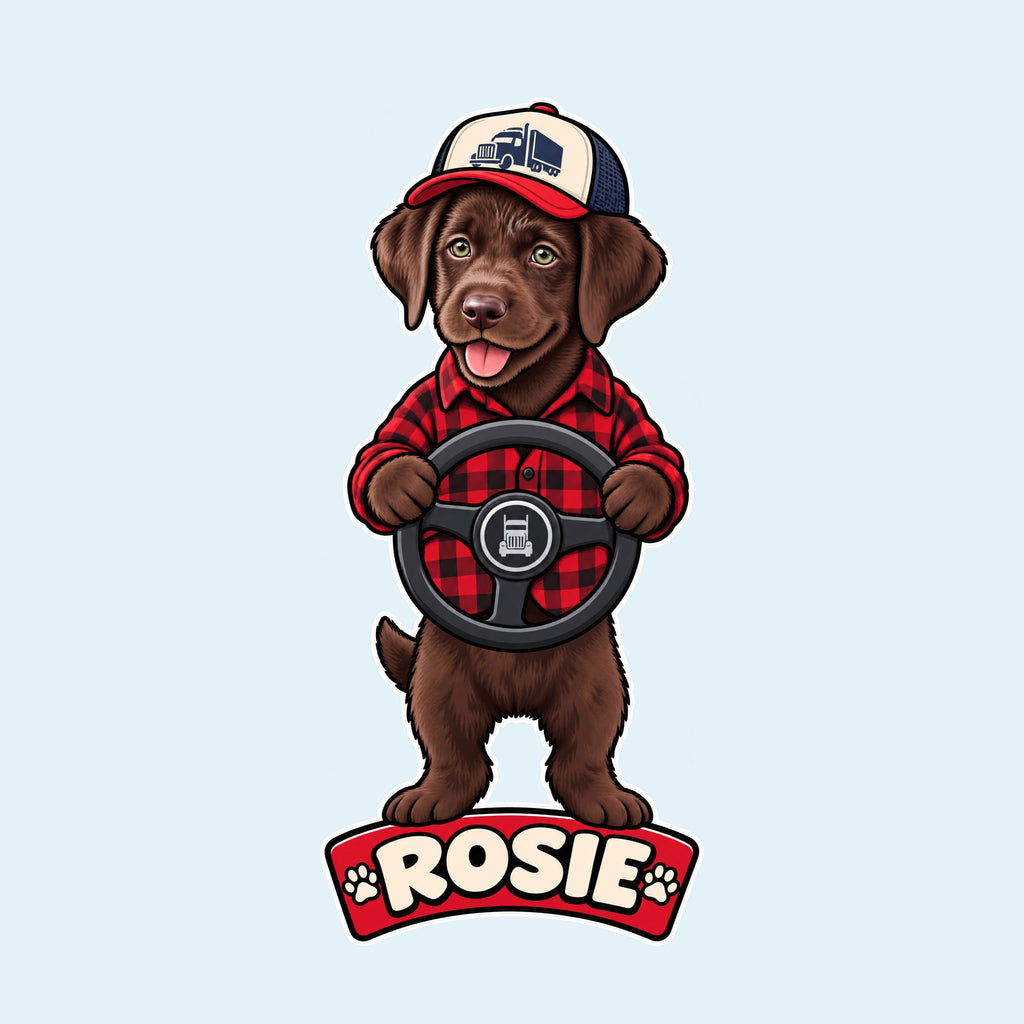 Chocolate lab truck driver cartoon with the name Rosie