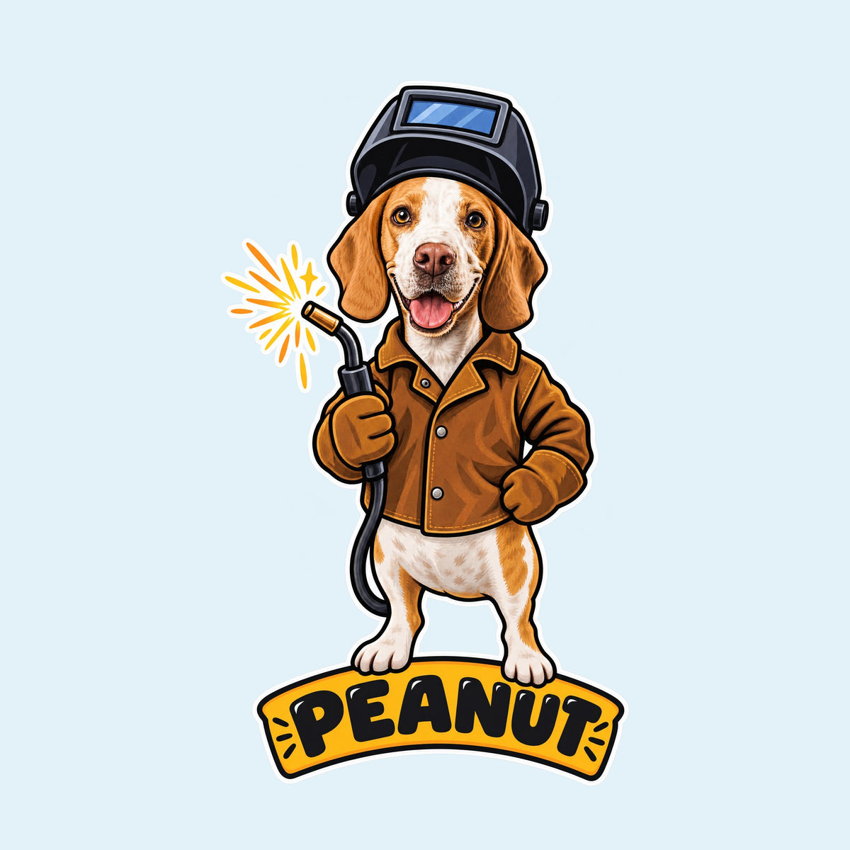Beagle welder cartoon with the name Peanut
