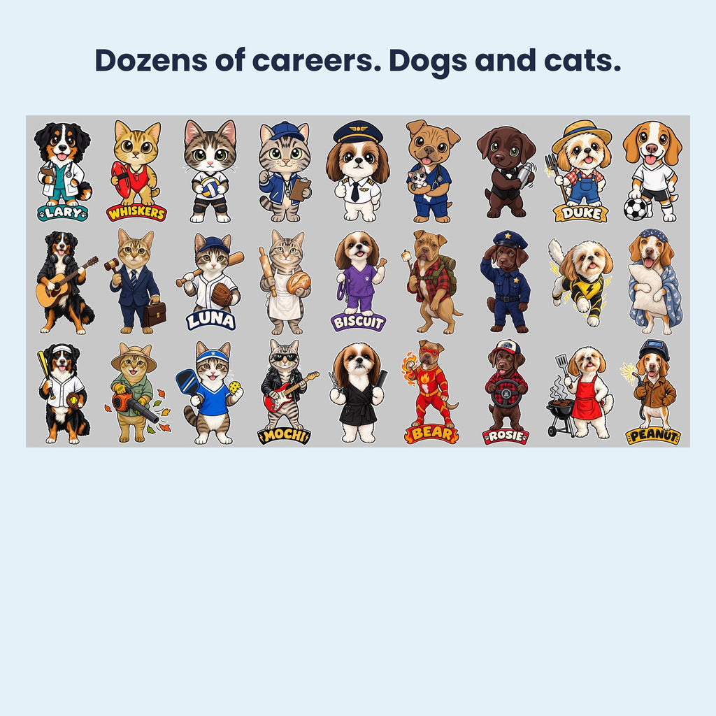 Grid of dogs and cats in dozens of different careers