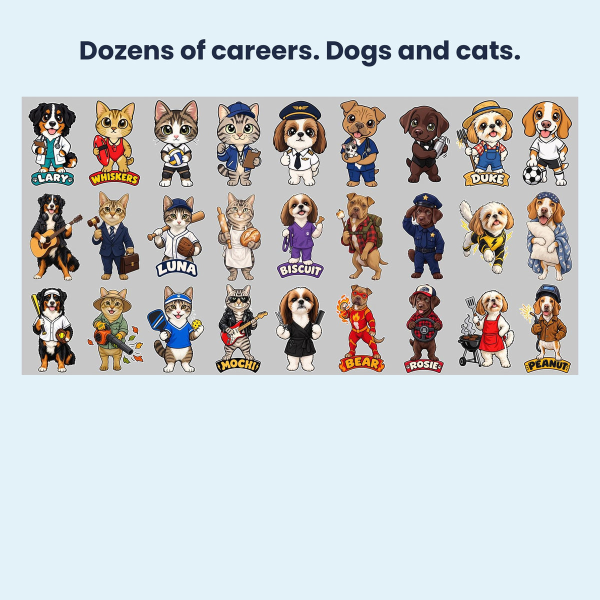 Grid of dogs and cats in dozens of different careers