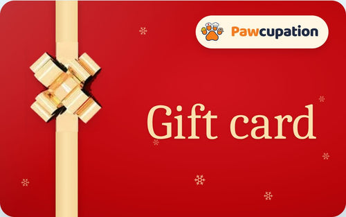 Red Pawcupation gift card wrapped with a gold ribbon and bow